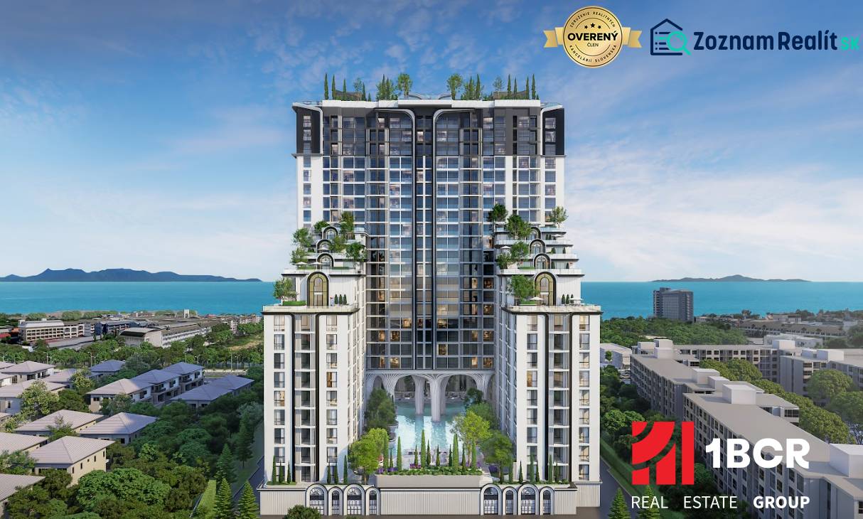 Construction of apartments in the city of Pattaya with sea views and green terraces.