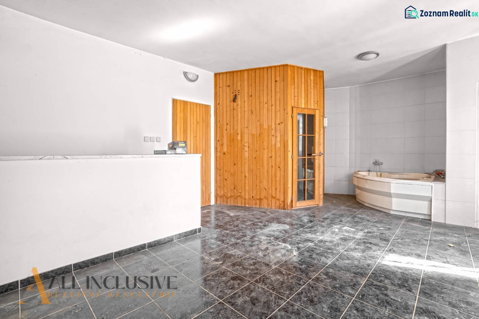 Commercial spaces with tiles, wooden sauna, reception desks, and a corner bathtub.