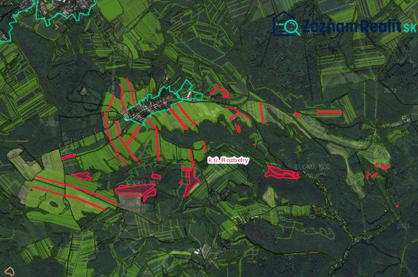 Aerial view of agricultural and forest lands in Cerová, Rozbehy district.