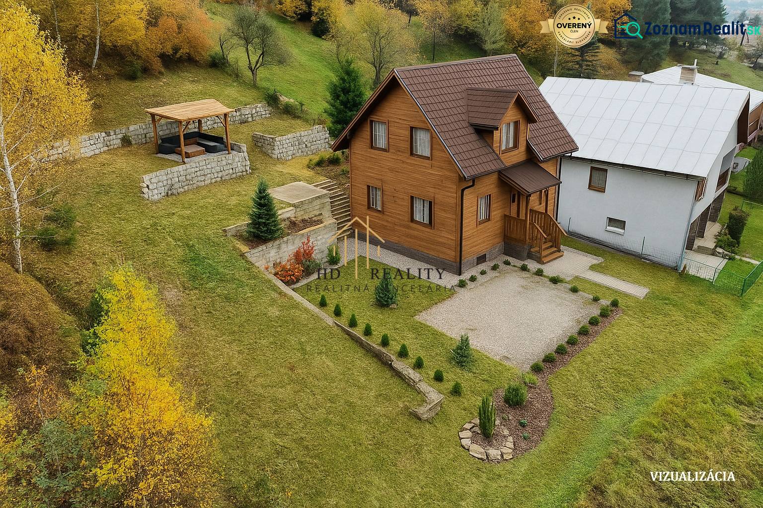 Wooden house with a garden gazebo and landscaped plot in Bacúch for residential land.