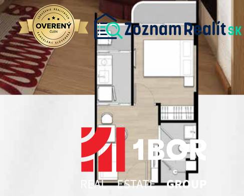 Floor plan of a 2-room apartment with wood-patterned flooring, showing the bathroom and bedroom.