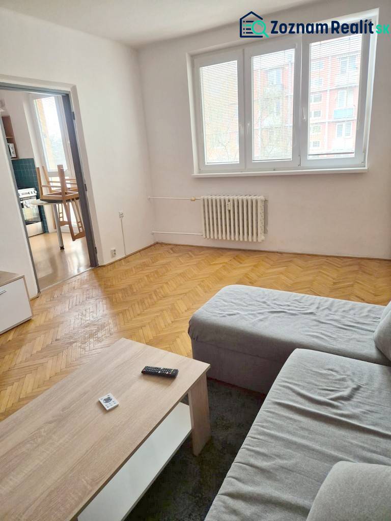 Living room in a one-room apartment with a sofa and a wooden-patterned floor.