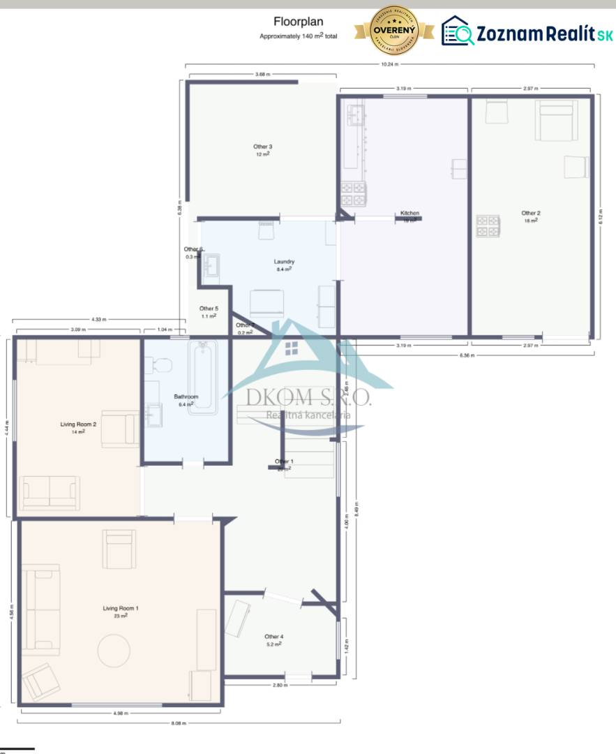 The floor plan of the family house shows the layout of the rooms, including the kitchen and living rooms.