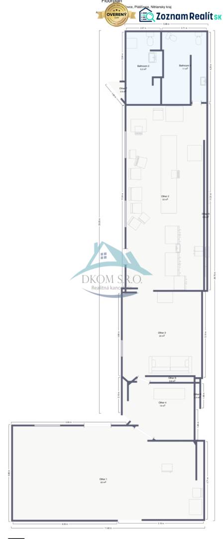 Floor plan of a family house in Plášťovce with separated living rooms and offices.