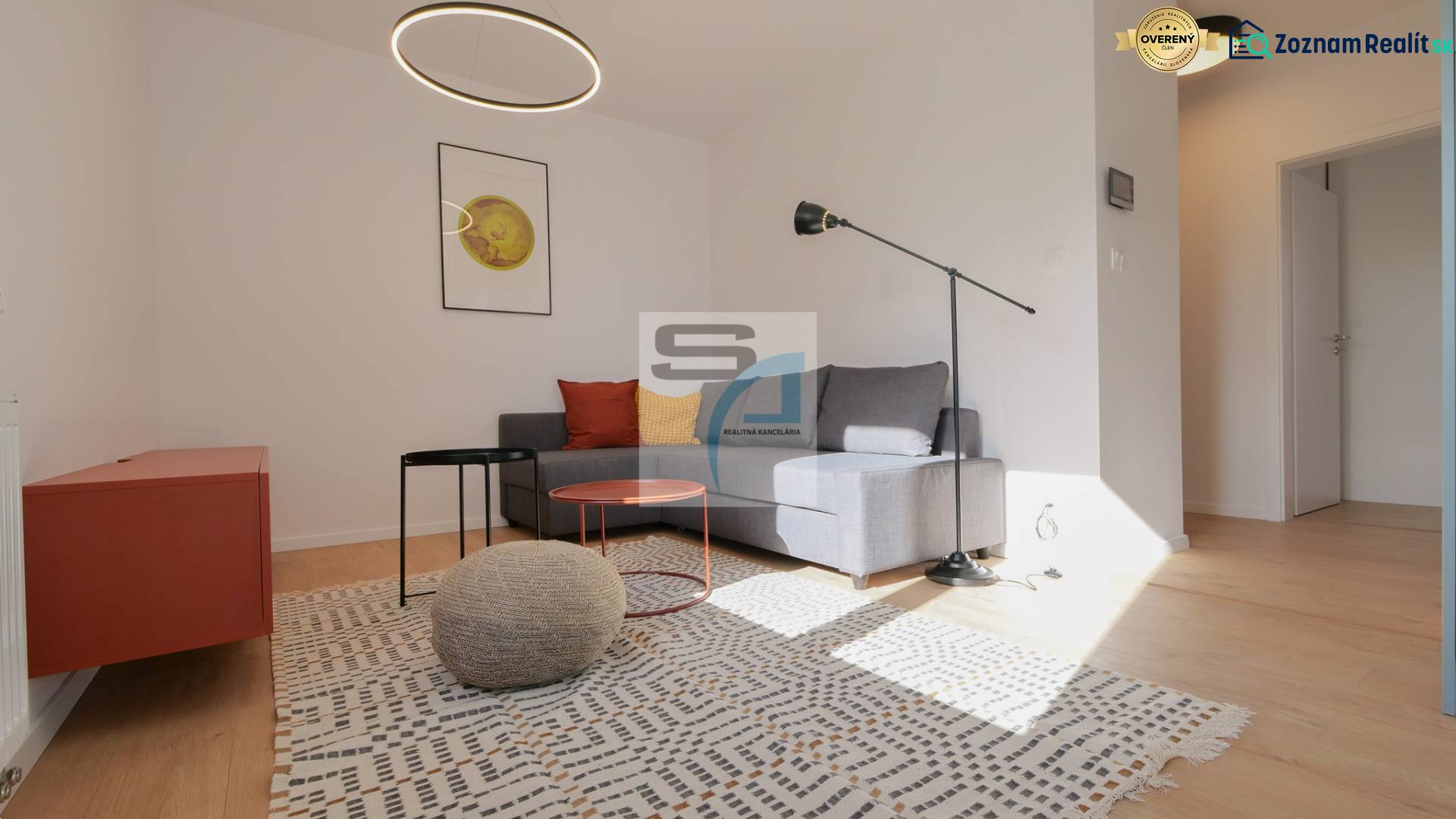 Living room in a 2-room apartment with a wood-patterned floor, gray sofa, and modern lighting.