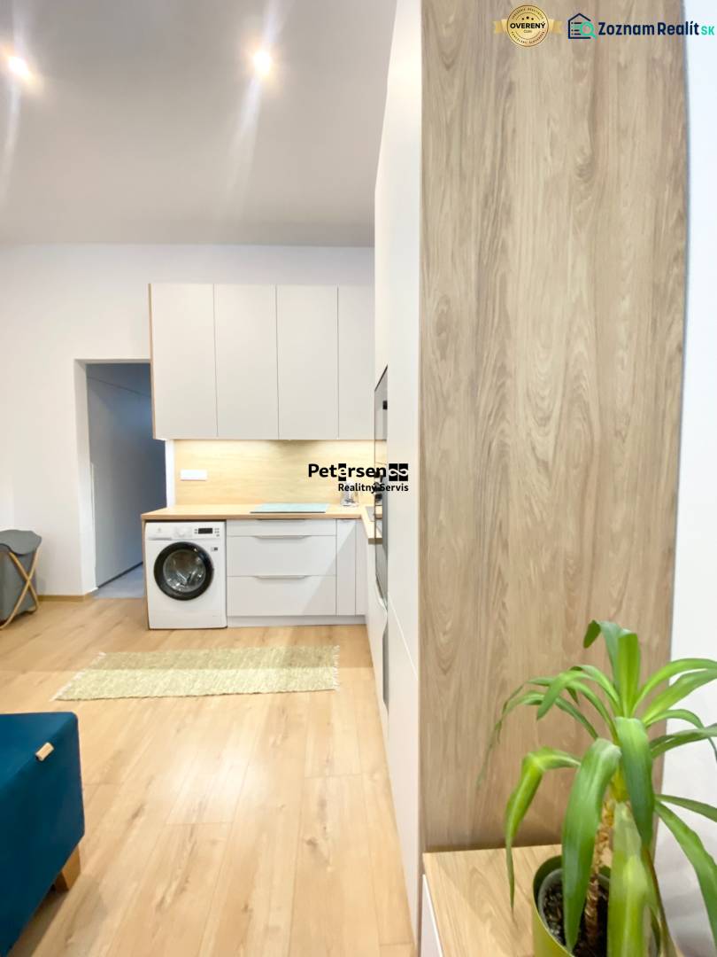 A modern kitchen in a 2-room apartment with a wooden decor floor and a plant.