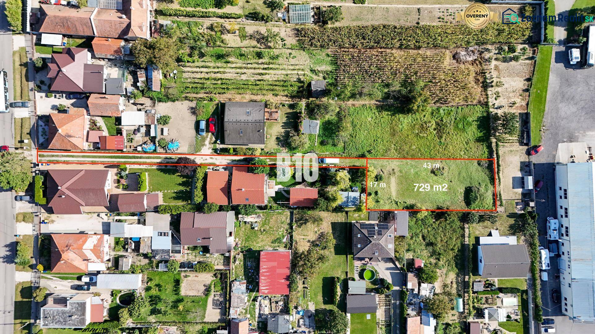 Aerial view of residential land plots in Nitra with marked parcel boundaries.