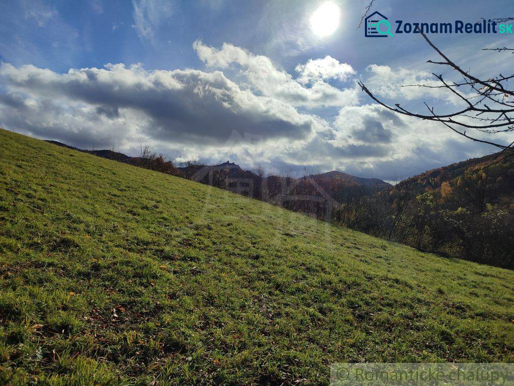 Sunny landscape in Hlboké nad Váhom, gardens, grass, trees, hills, clouds in the sky.