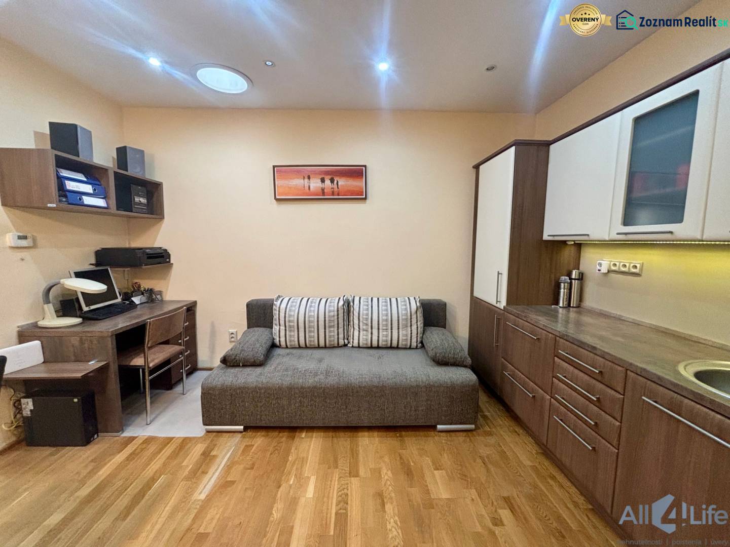 1-room apartment with a wooden decor floor, gray sofa, and a work desk.