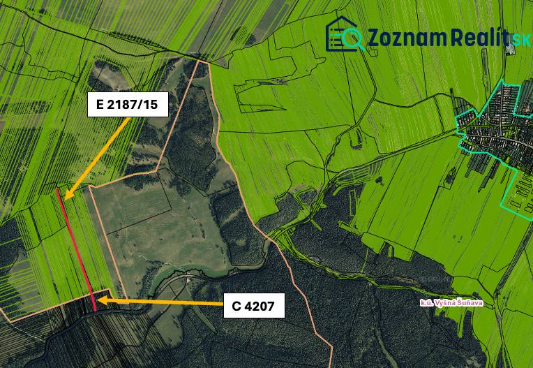 Aerial view of agricultural and forest lands of the village Štrba with marked parcels.