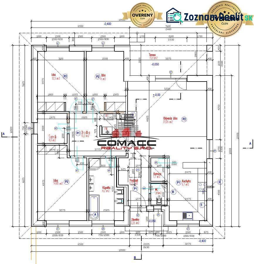Floor plan of a family house on Nové Mesto nad Váhom street, with a terrace and rooms.