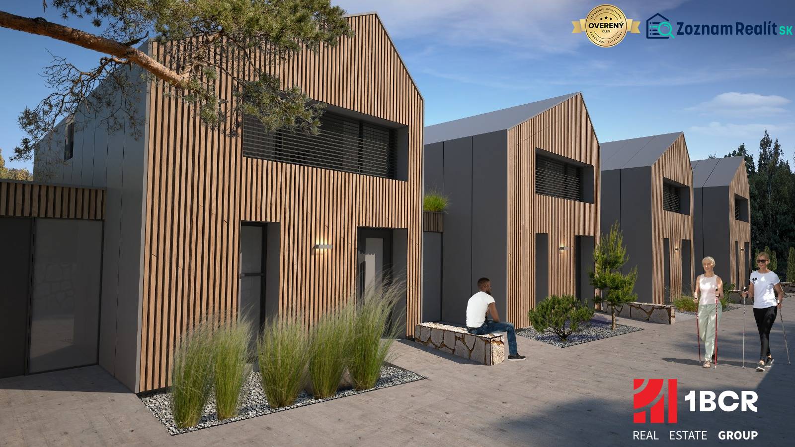 A family house in Turecká with wooden cladding, people relaxing on a bench.