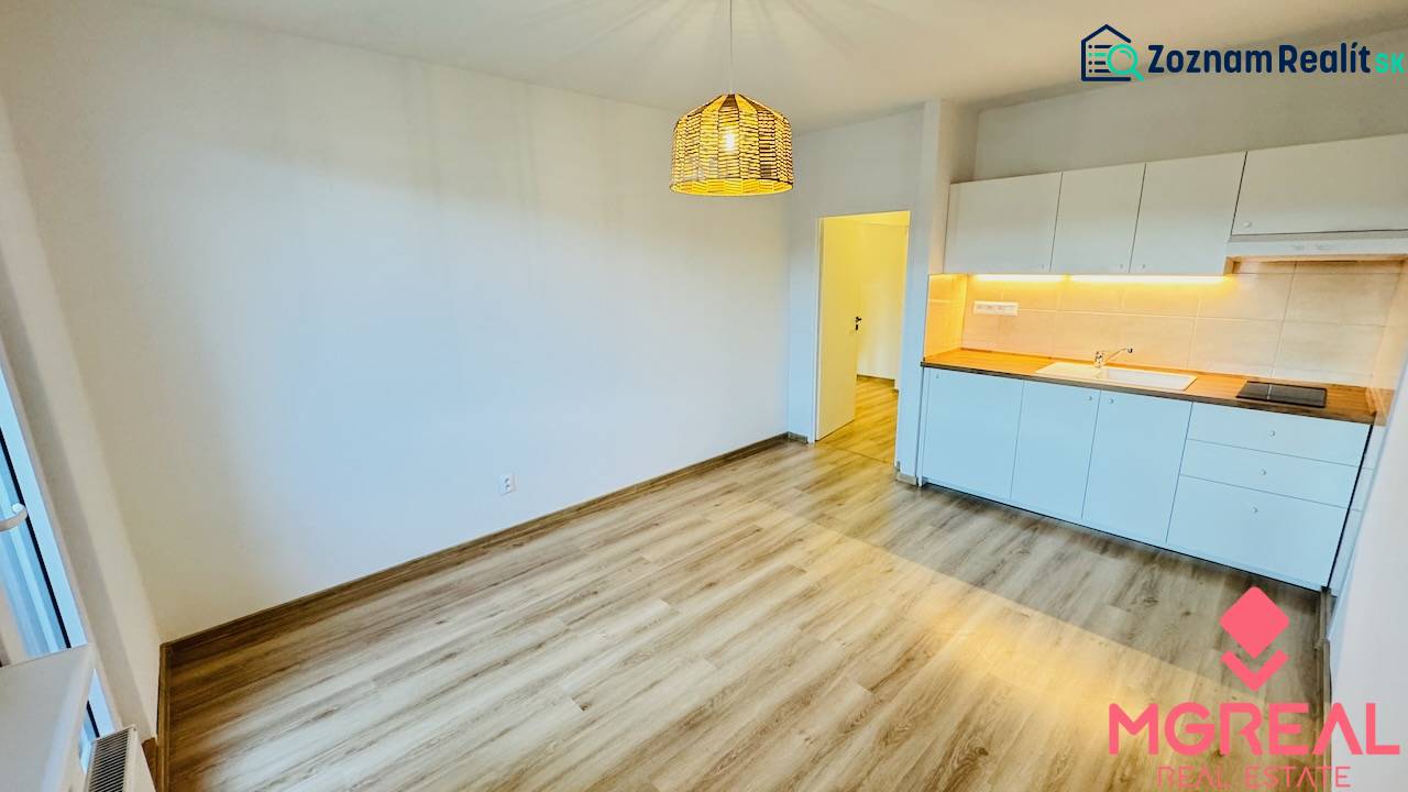 The kitchen in a studio apartment with white cabinets and a wood-patterned floor.