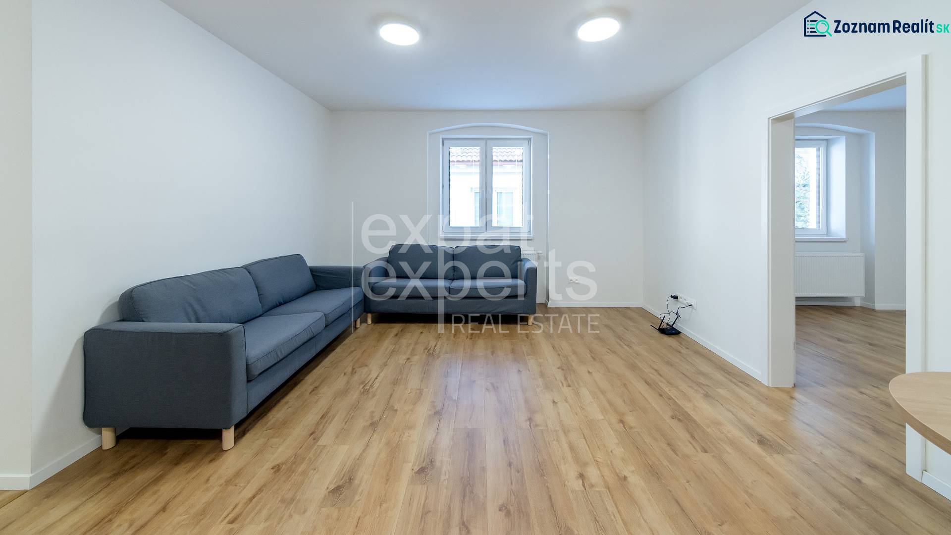 Living room in a 3-room apartment with a sofa and a wooden decor floor.