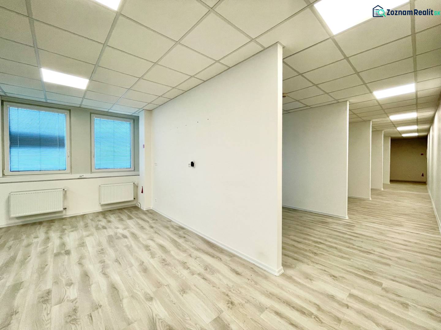 Offices with wood-patterned flooring, white walls, and ceiling lights.