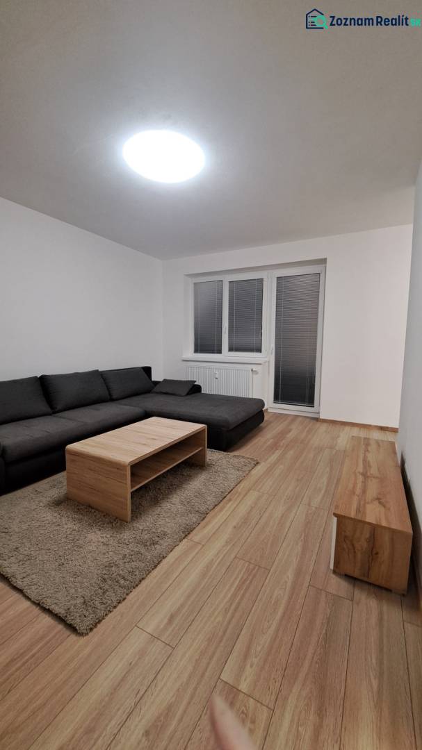 Living room with a dark sofa, table, and wooden decor flooring in a two-room apartment.