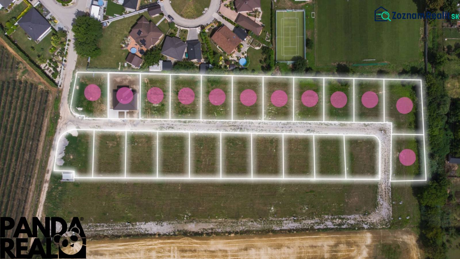 Aerial view of residential plots in the village of Horné Štitáre, with planned parceling.