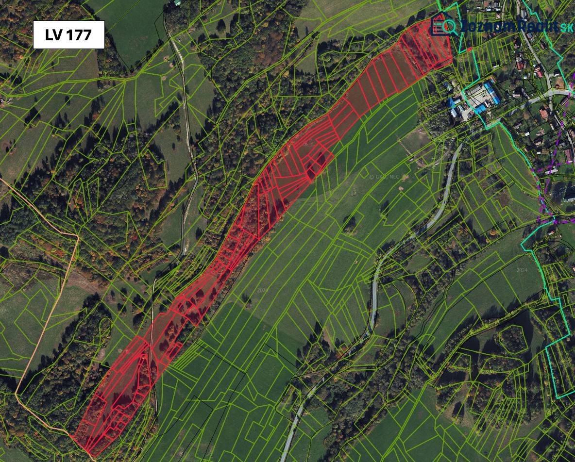 Lúčky: Agricultural and forest land with highlighted parcels, roads, and areas in the landscape.