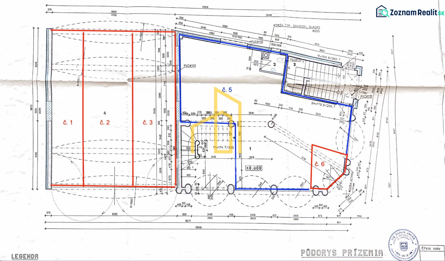 Ground floor layout with numbered sections of commercial spaces and dimensions on Petőfi Street in Komárno.