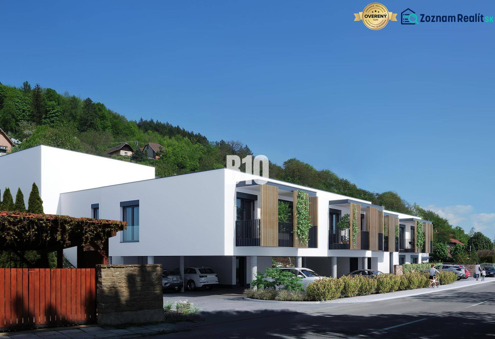 Low modern buildings with wooden elements on Dolná Street in Žilina.