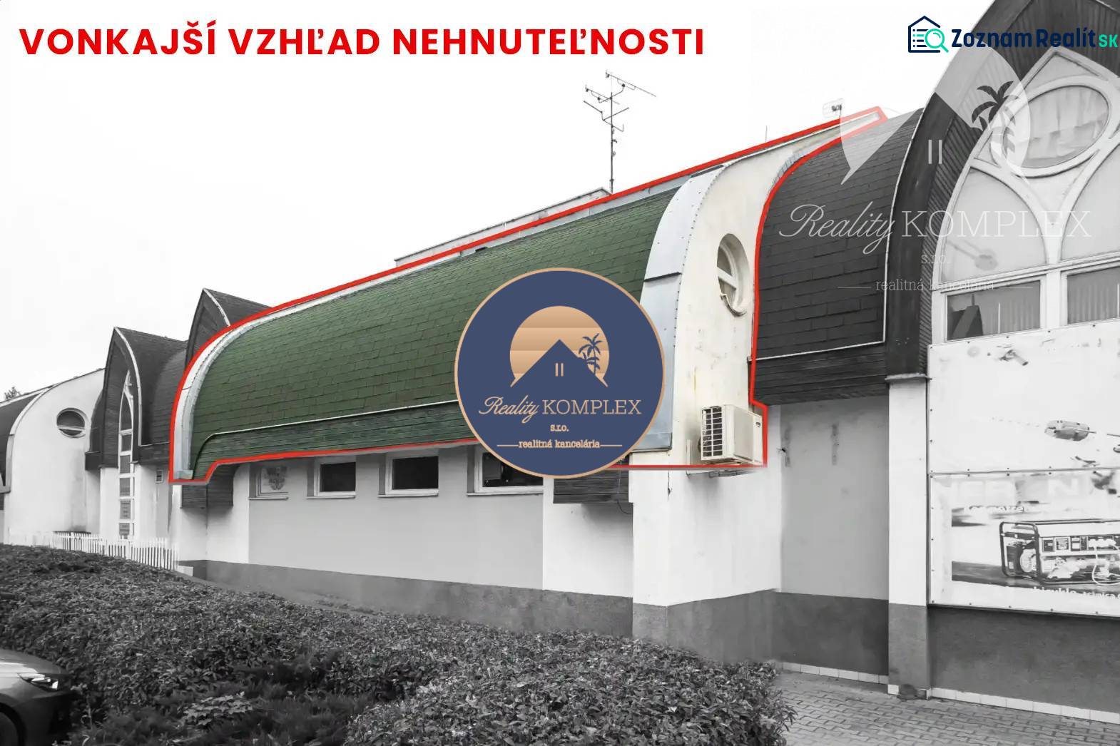 Exterior of commercial premises in Komárno with a curved roof and air conditioning.