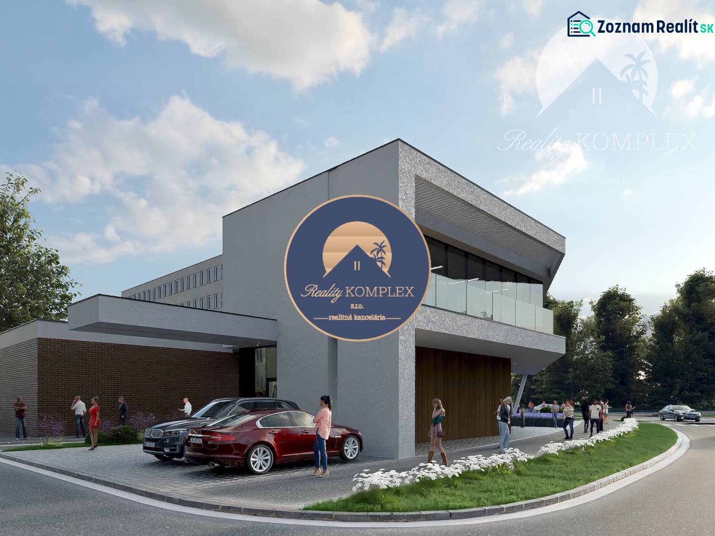 A modern building with glass railings, cars, and people on a residential property.