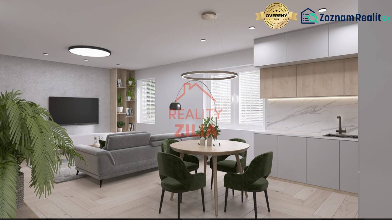 Living room in a family house with a kitchen, armchairs, and a wooden decor floor.