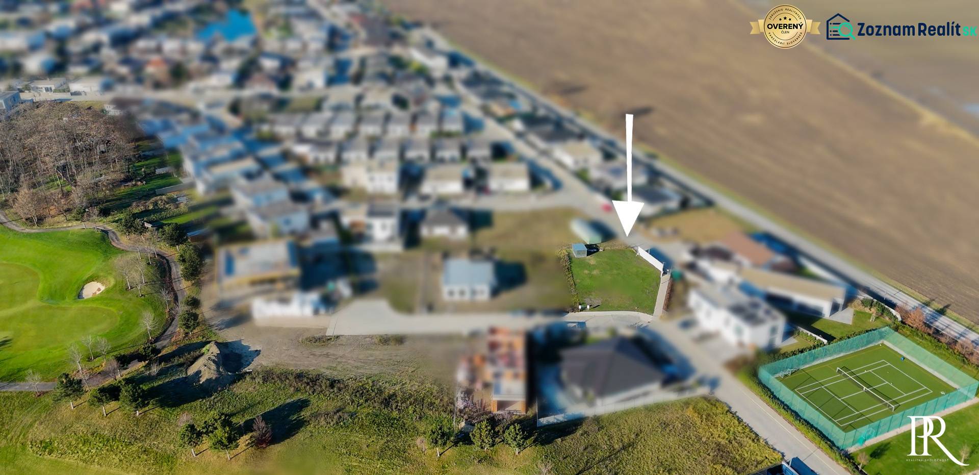 Aerial view of residential plots in Hrubá Borša with a golf course.