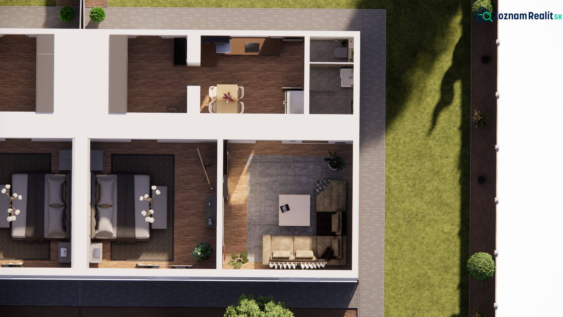 Floor plan of a family house with a garden, wooden decor flooring, two rooms, kitchen.