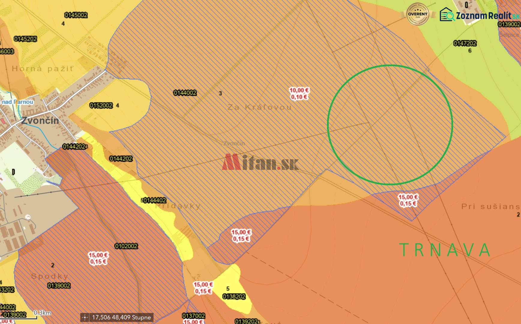 Map of agricultural and forest lands around Trnava.