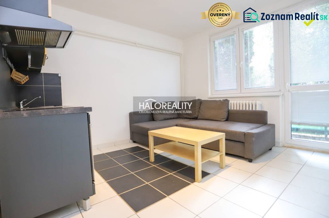 A small living area with a kitchenette, a sofa, and a coffee table in a studio apartment.