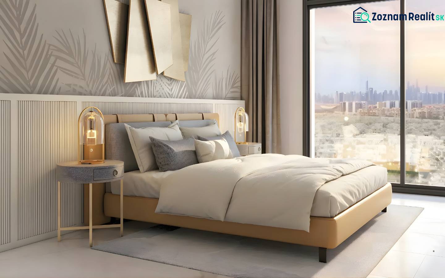 Elegant bedroom in a studio apartment with stylish decorations and a city view.
