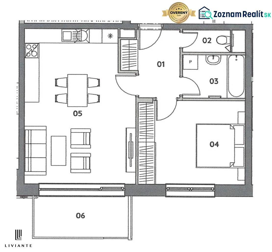 Apartment layout with living room, kitchen, bathroom, bedroom, and terrace.