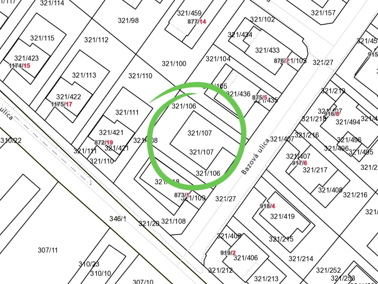 Plot map of residential plots in Kvetoslavov, Bazová Street, marked parcel number.