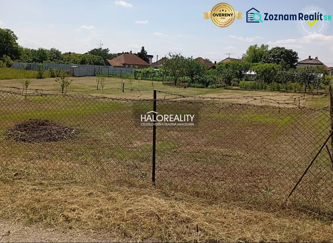 Gardens in Marcelová with a grassy surface and fencing, trees in the background.