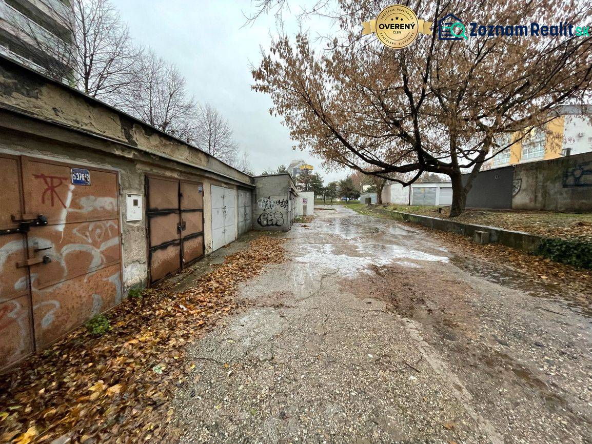 Garages on Priekopy Street in Bratislava-Ružinov with graffiti and an autumn atmosphere.