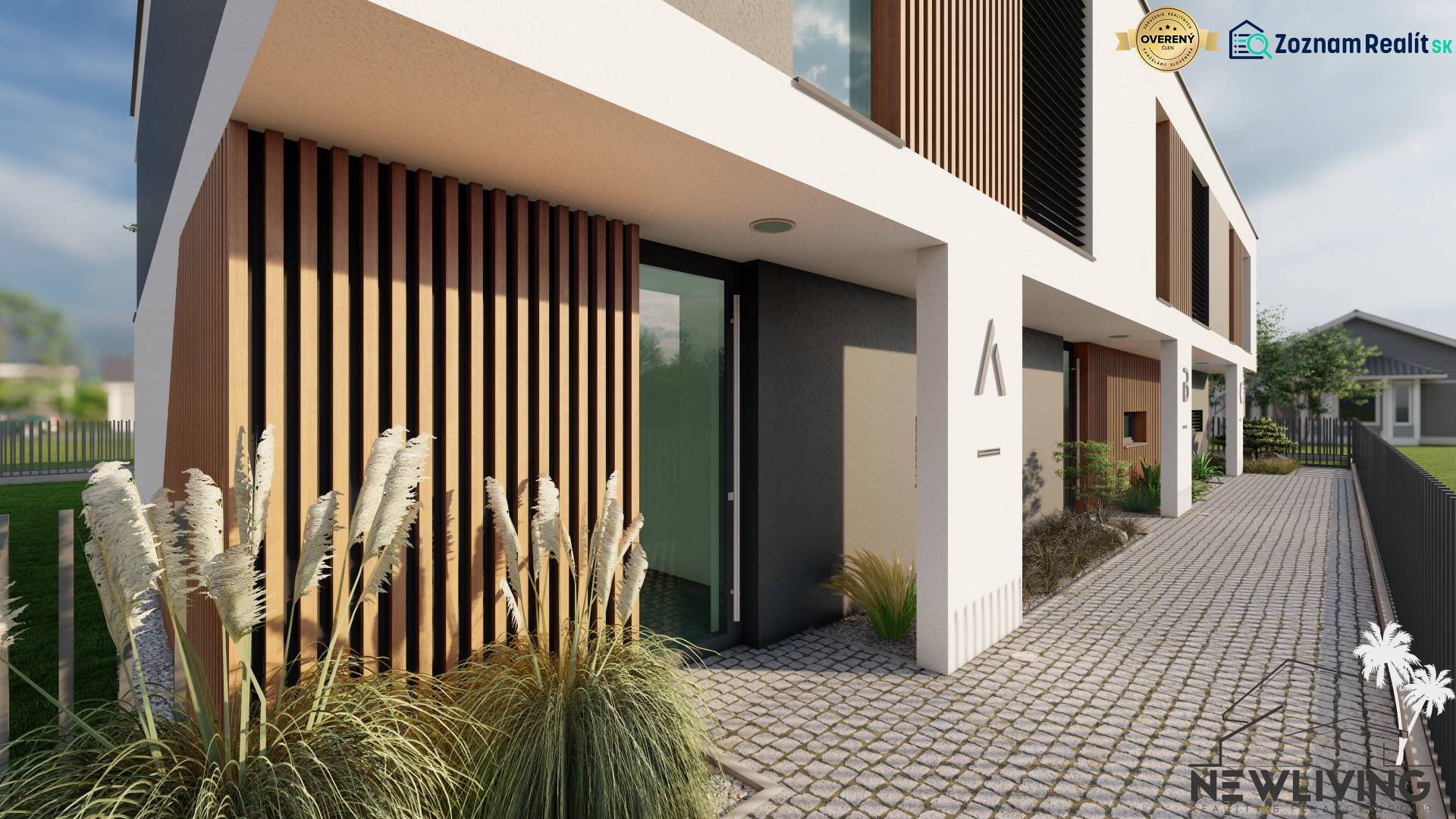 Family house on Drieňová Street in Nitra, entrance with wood decor and tiles.
