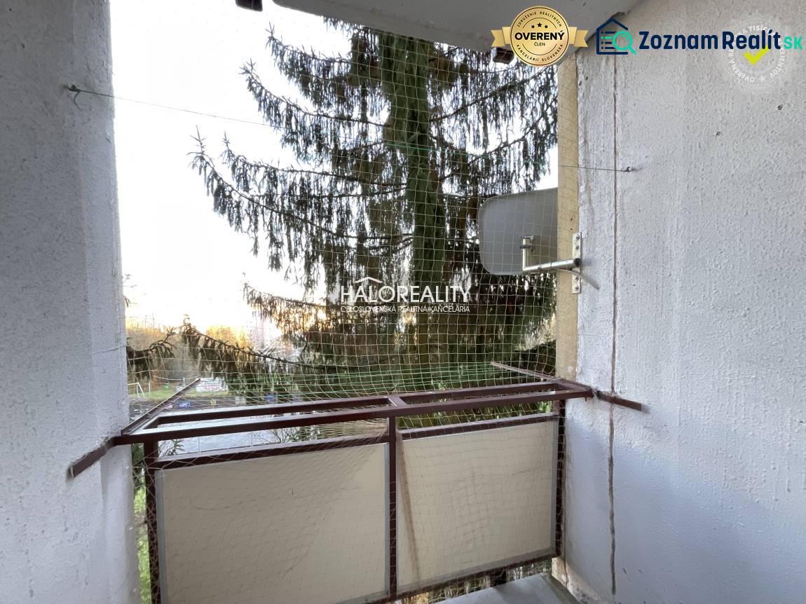 A balcony with a view of a coniferous tree in a 3-room apartment in Banská Bystrica.