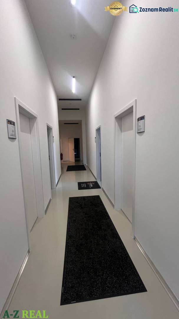 A corridor in offices with white walls and two black carpets on the floor.
