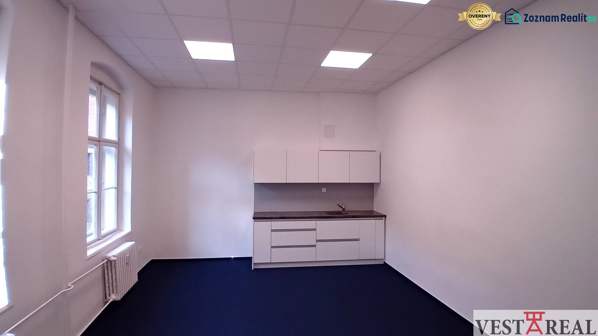 Offices with a kitchenette and blue carpet, white walls, and a large window.