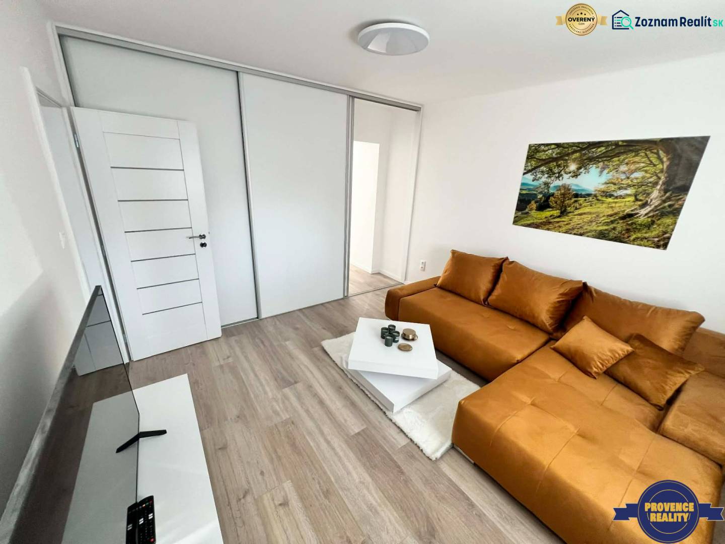 Living room in a two-room apartment with a sofa, television, and wooden decor flooring.