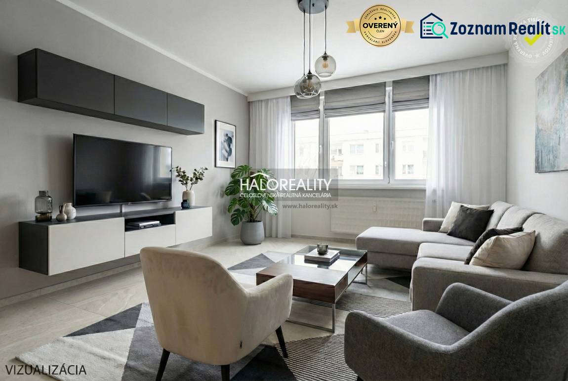 Living room in a 3-room apartment with a large sofa, TV, carpet, and wooden decor flooring.