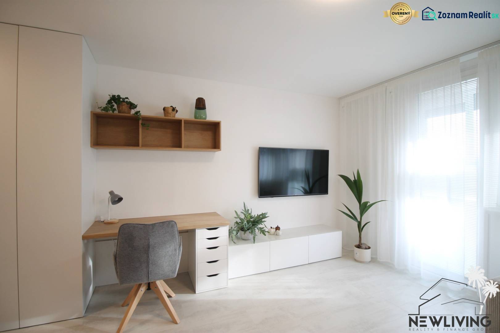 Interior of a 1-room apartment with a desk, TV, and plants, floor with wooden decor.
