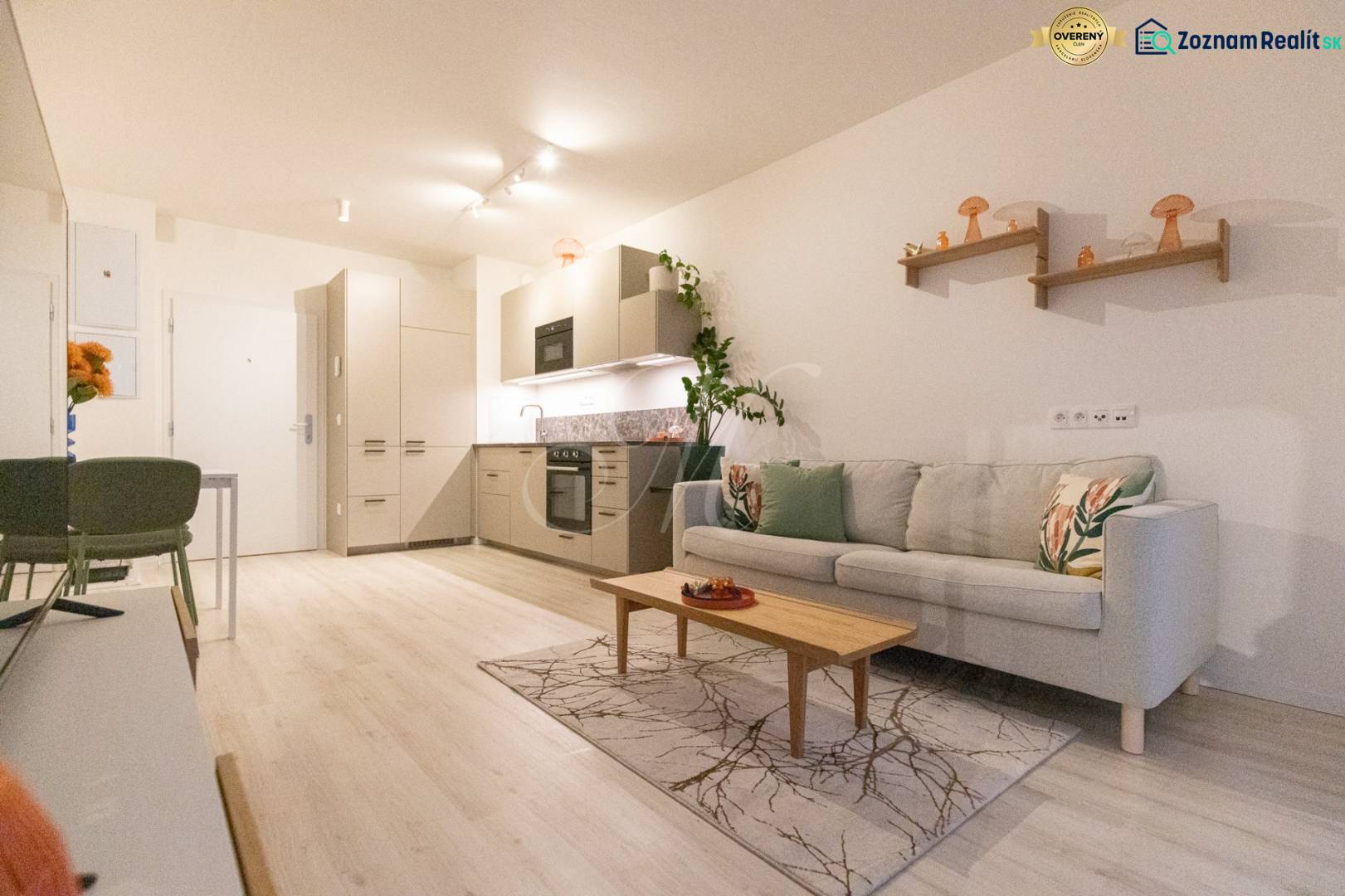 Living room in a studio apartment with a sofa, kitchenette, and wooden decor flooring.