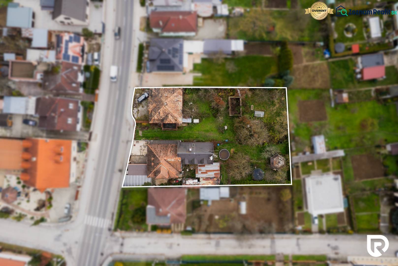 Aerial view of a family house with land on Partizánska Street in Bánovce nad Bebravou.