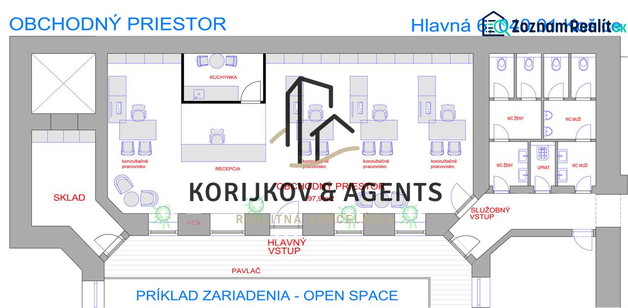 Floor plan of a commercial space with a reception, offices, kitchenette, and restrooms.
