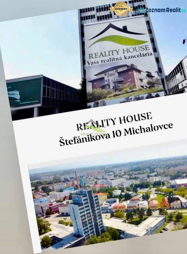 Building with a real estate agency advertisement on Štefánikova Street 10, Michalovce.