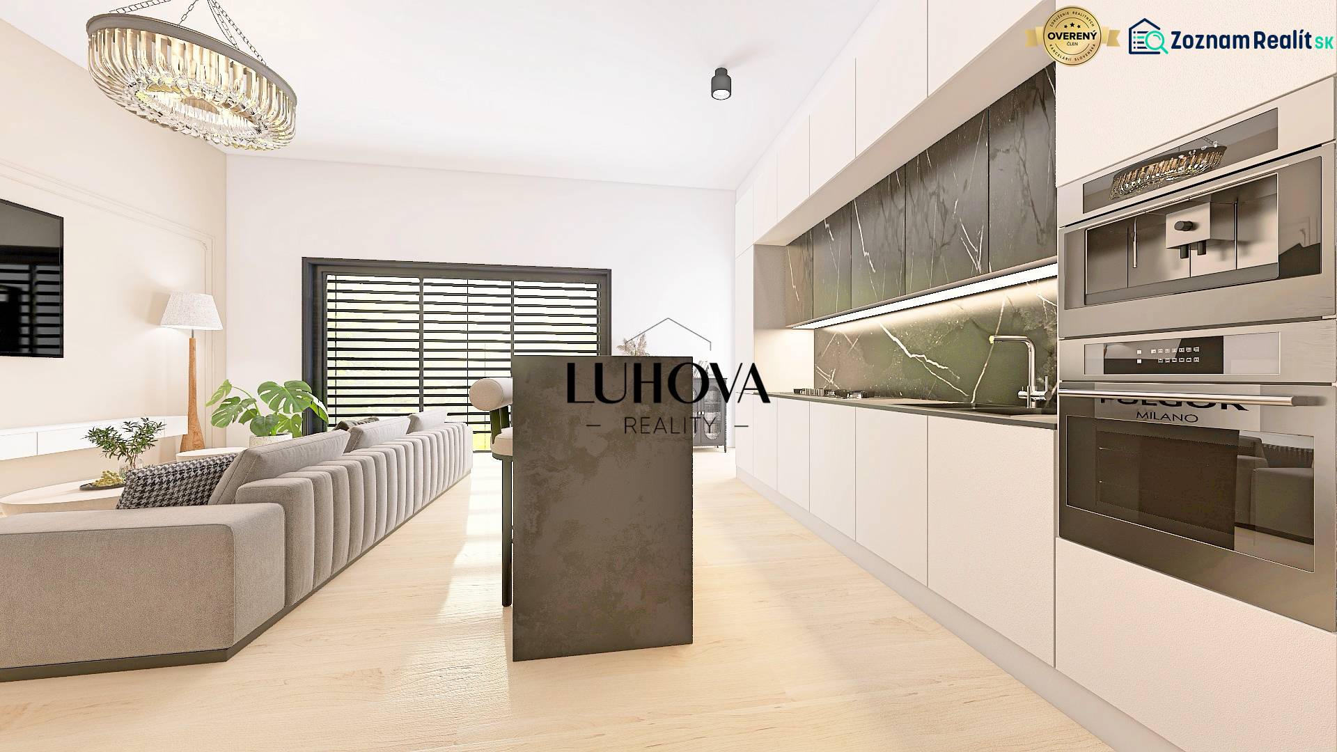 Living room in a family house with a kitchenette and a floor with a wooden decor.