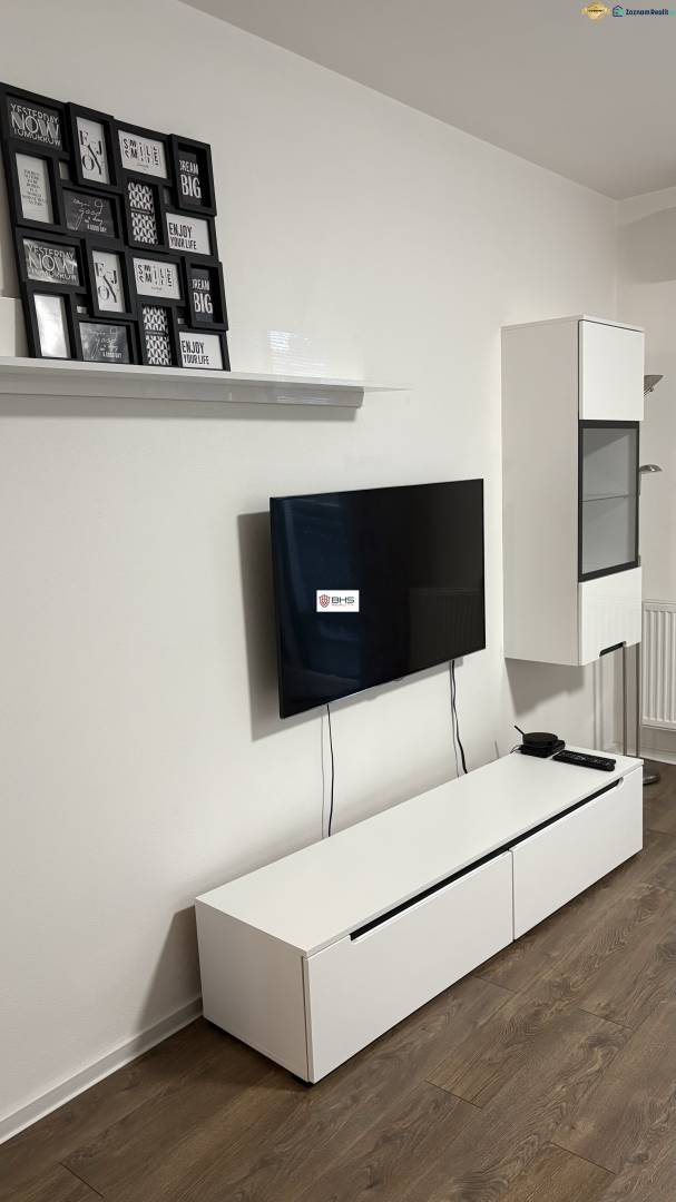 A TV on the wall, a white dresser, paintings, and a wooden decor floor in a studio apartment.