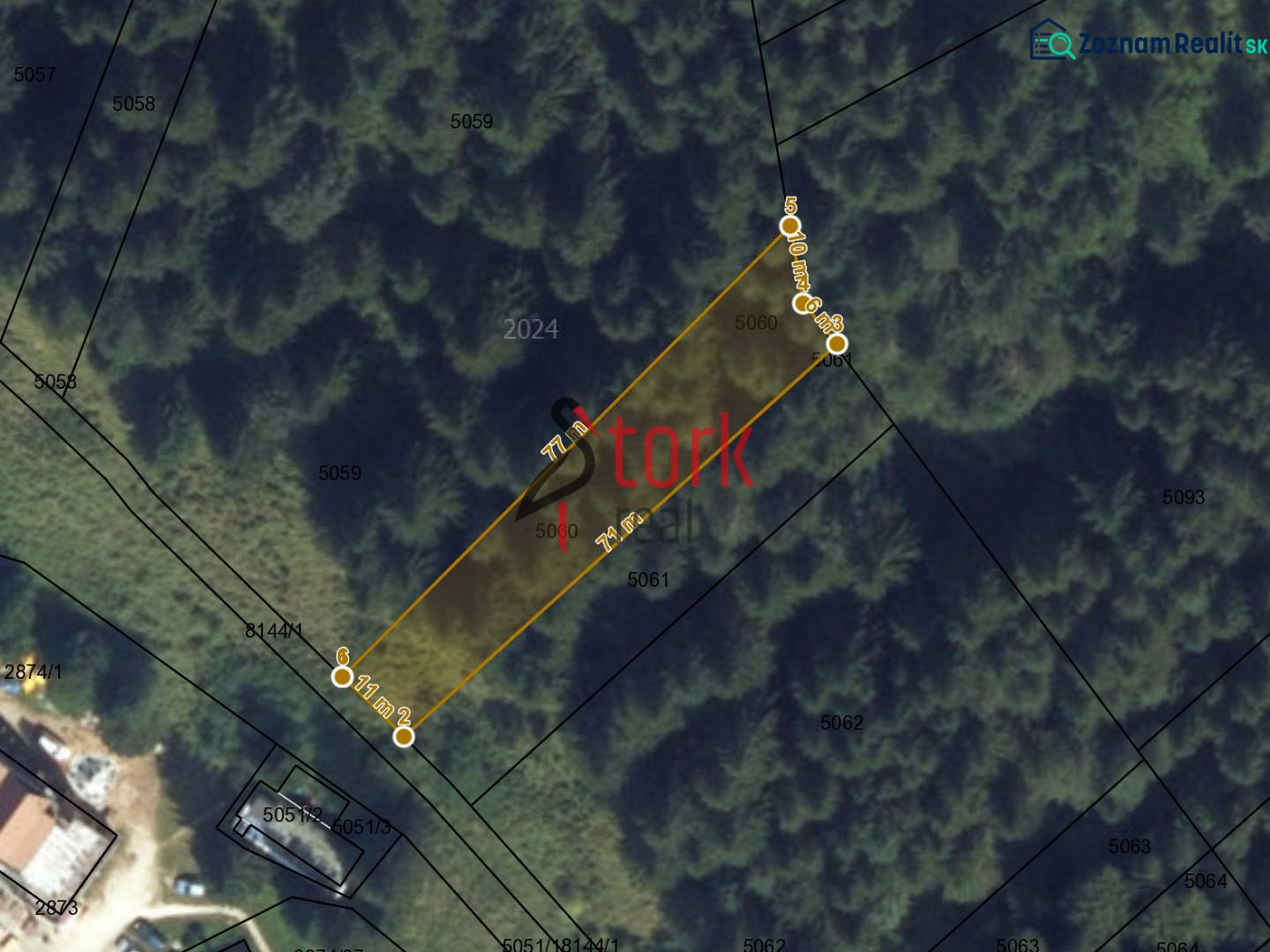 An aerial map shows agricultural and forest lands in Rajecká Lesná with marked parcels.